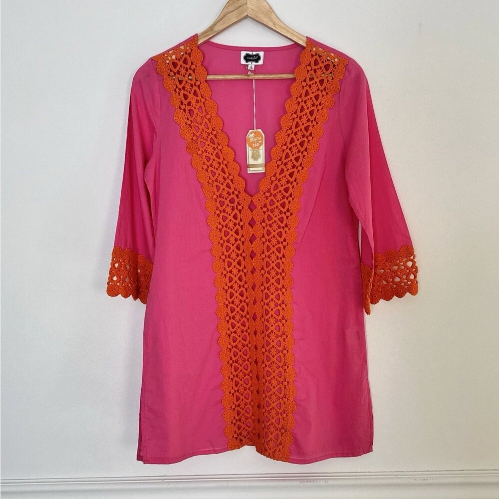 Mudpie Nora Pink Orange Crochet Tunic Dress Swimsuit Coverup Lace Sz Small *E42